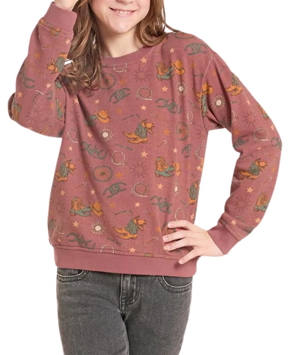 Front view of the girl's rose/mauve Rock & Roll Cowgirl long sleeve pullover featuring the allover western-inspired conversational print, dropped shoulders, and rib knit trim