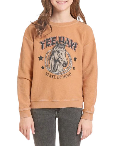 Front view of the girl's gold Rock & Roll Cowgirl long sleeve pullover featuring the front screen-printed horse graphic that reads: "Yee Haw State Of Mind"