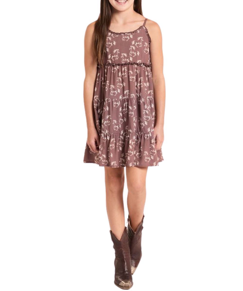 Front view of the girl's brown sleeveless dress featuring a tiered ruffle skirt, allover horse print, and adjustable spaghetti straps