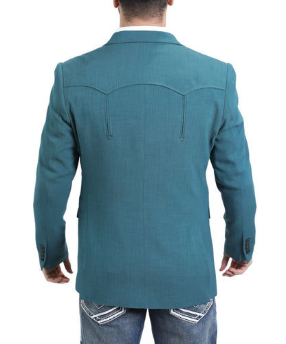Back view of the men's blue western blazer featuring the double pointed back yoke with arrow accents