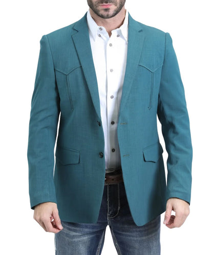 Front view of the men's blue Platini Western Blazer featuring the double button closure, hand pockets, notched lapel collar, and arrow detailing at the yokes