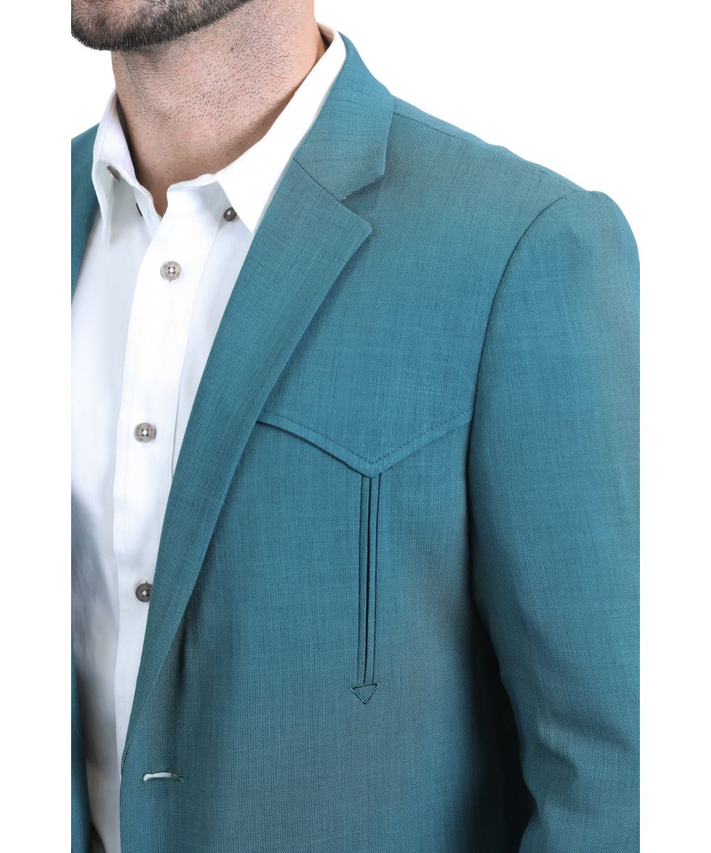 Close-up view of the notched lapel collar and the single point front yokes with arrow accents