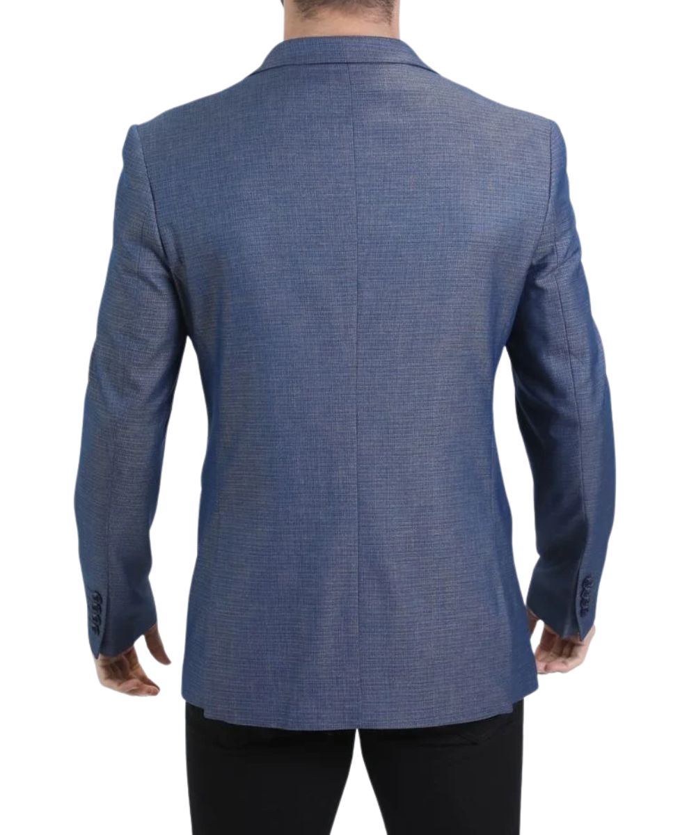 Back view of the men's slate blue fashion blazer featuring the modern fit