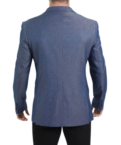 Back view of the men's slate blue fashion blazer featuring the modern fit