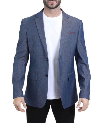 Front view of the men's slate blue Platini Blazer featuring the two-button front closure, hand pockets, and chest pocket