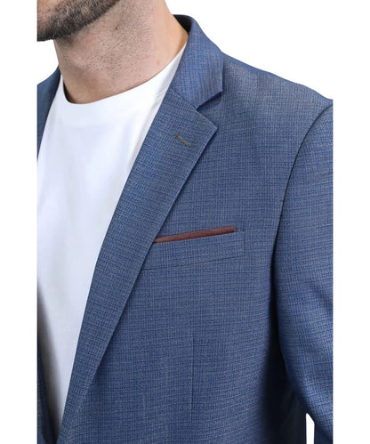 Close-up view of the chest pocket with a pocket square and the notched lapel collar