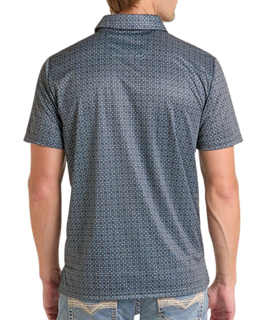 Back view of the men's black short sleeve performance polo shirt featuring the breathable, cool feel