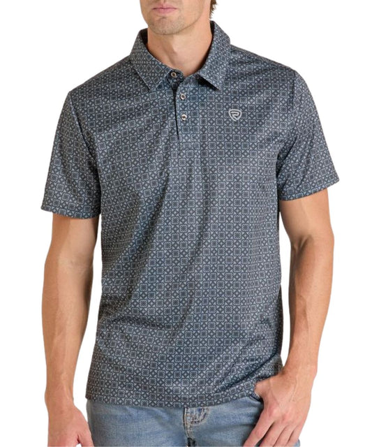 Front view of the men's black performance polo shirt featuring the medallion print