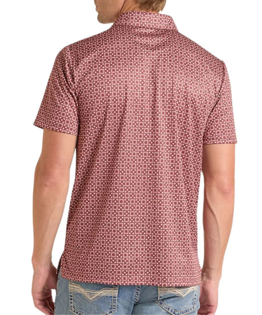 Back view of the men's maroon short sleeve polo shirt featuring the medallion print