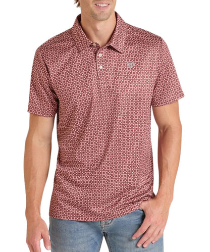 Front view of the men's maroon medallion print performance polo shirt