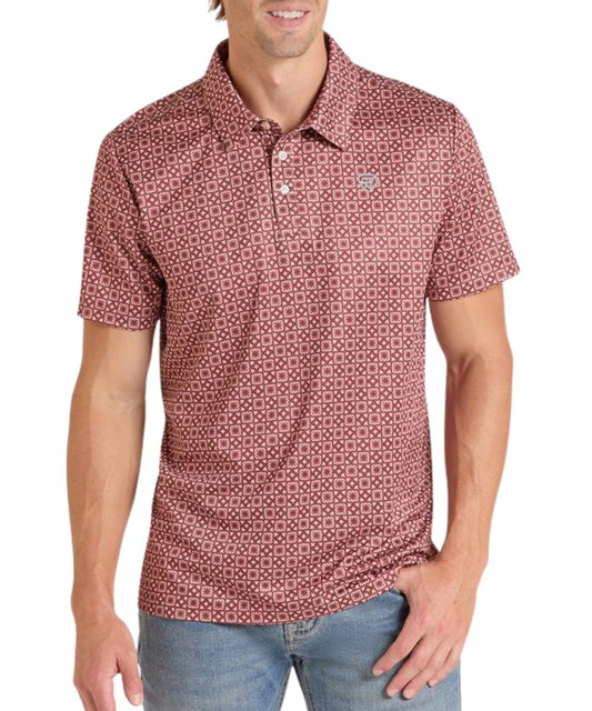 Front view of the men's maroon medallion print performance polo shirt