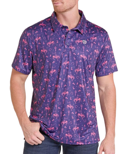 Front view of the men's royal short sleeve performance polo shirt featuring the pink novelty print