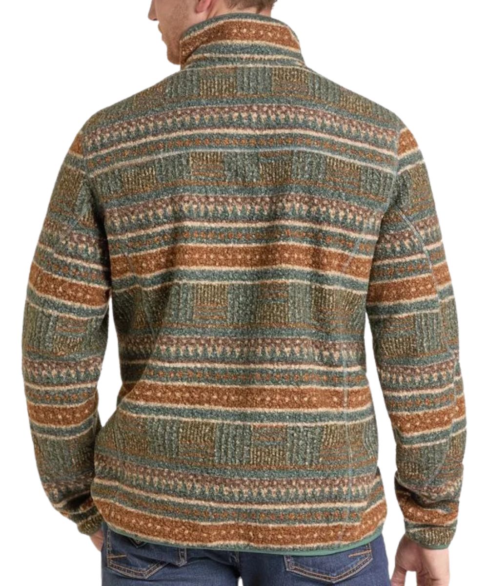 Back view of the men's olive pullover featuring the mock collar and the novelty horizontal stripes