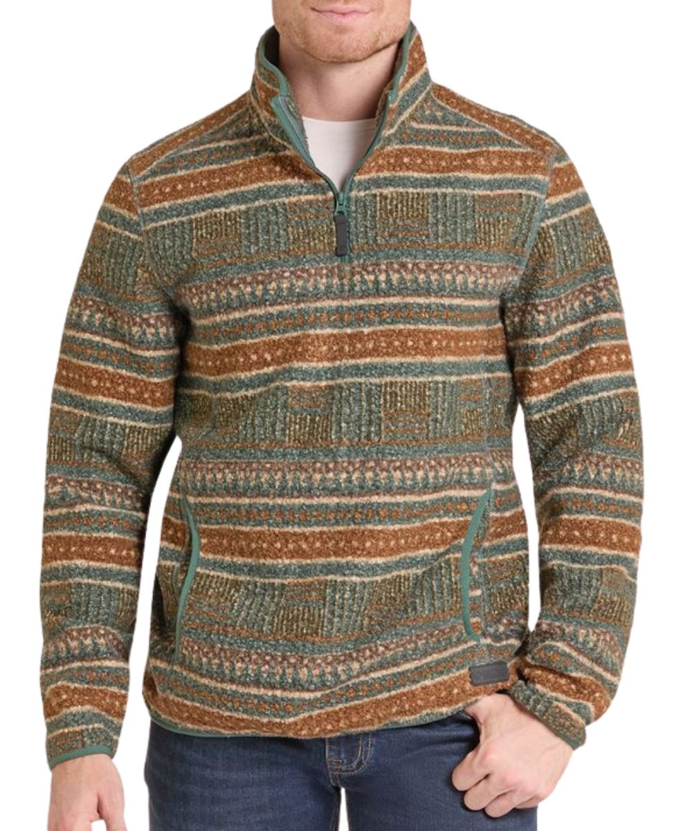 Front view of the men's olive green Rock & Roll Cowboy 1/4 zip pullover featuring the horizontal novelty striped print, mock collar, 1/4 zip closure, and the kangaroo pocket