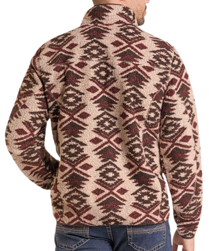 Back view of the men's natural/tan colored pullover featuring the long sleeves, mock collar, and berber fabric