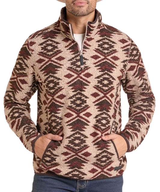 Front view of the men's natural Rock & Roll aztec berber pullover featuring the long sleeves, mock collar, kangaroo pocket, and 1/4 zip closure