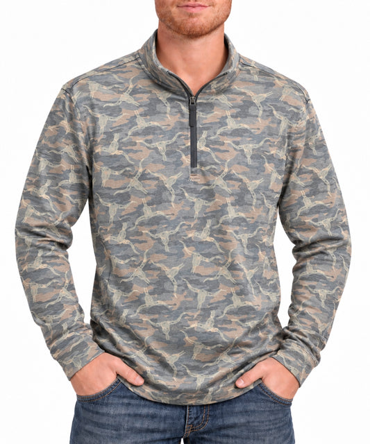 Front view of the Rock & Roll Cowboy Men's Camel Camo 1/4 Zip Pullover featuring the mock collar