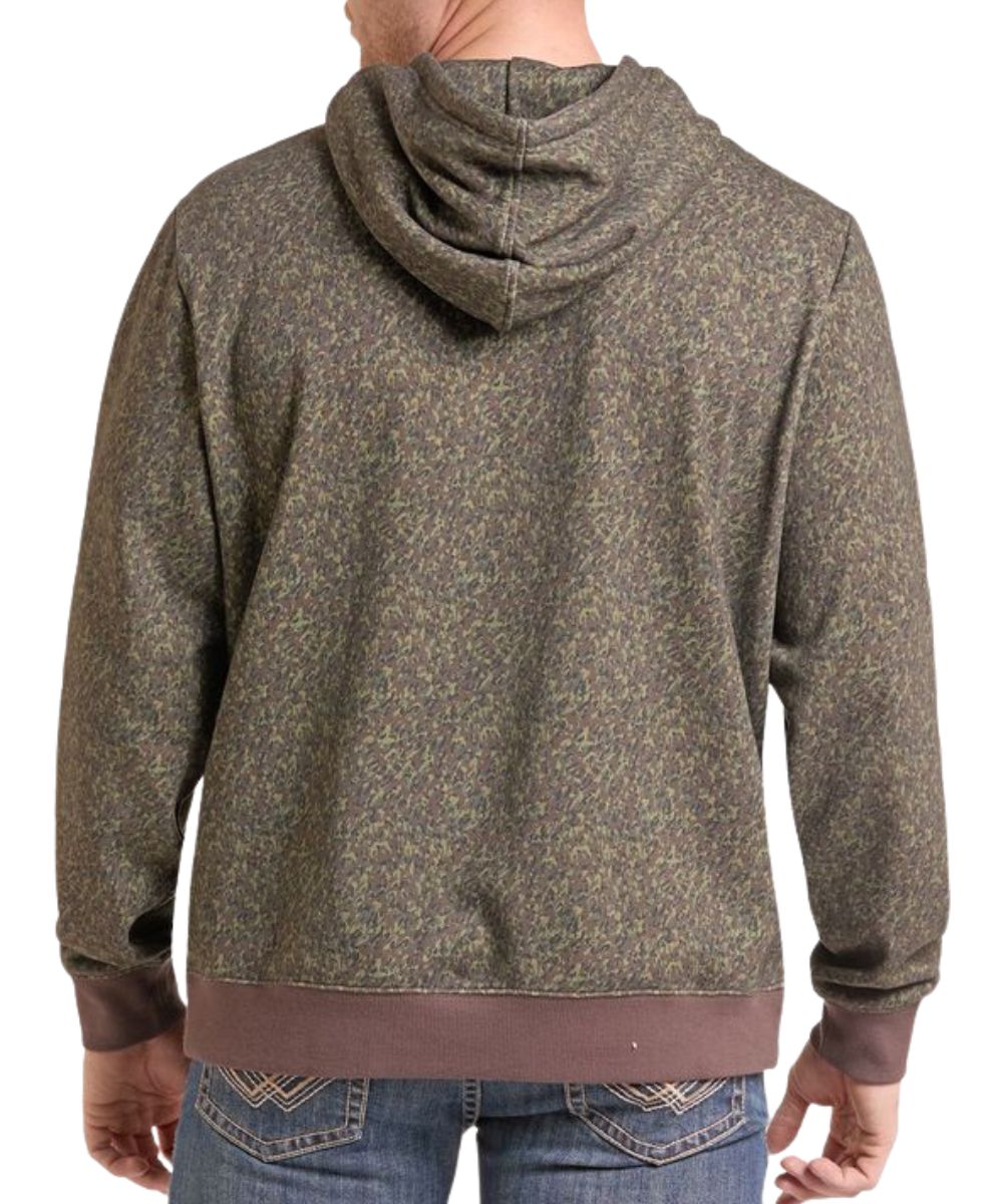 Back view of the men's long sleeve olive camo hoodie featuring the hooded collar and contrast trim