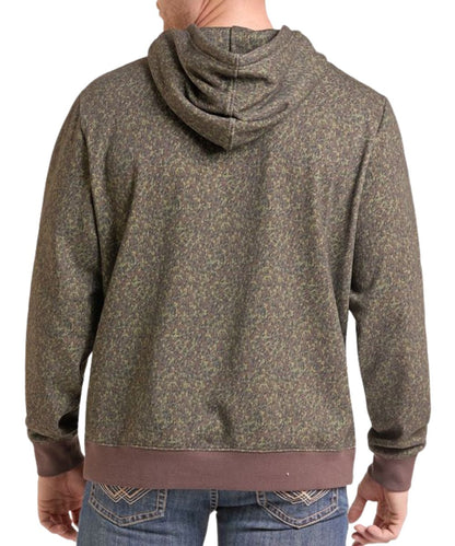 Back view of the men's long sleeve olive camo hoodie featuring the hooded collar and contrast trim