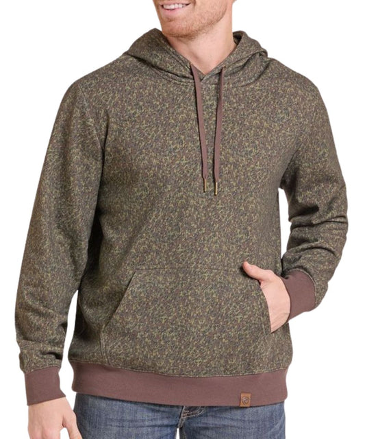 Front view of the men's long sleeve Rock & Roll Cowboy Hoodie featuring the olive camo print, kangaroo pocket, and contrast drawstring and rib knit trim