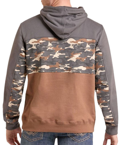 Back view of the men's long sleeve hooded sweatshirt featuring the camo color blocked design across the chest and sleeves, and ribbed him and cuffs