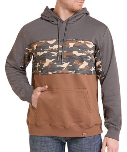 Front view of the men's tan Rock & Roll Cowboy long sleeve hooded sweatshirt featuring the color blocked design; novelty camo print across the chest and sleeves, tan lower body, and grey upper body