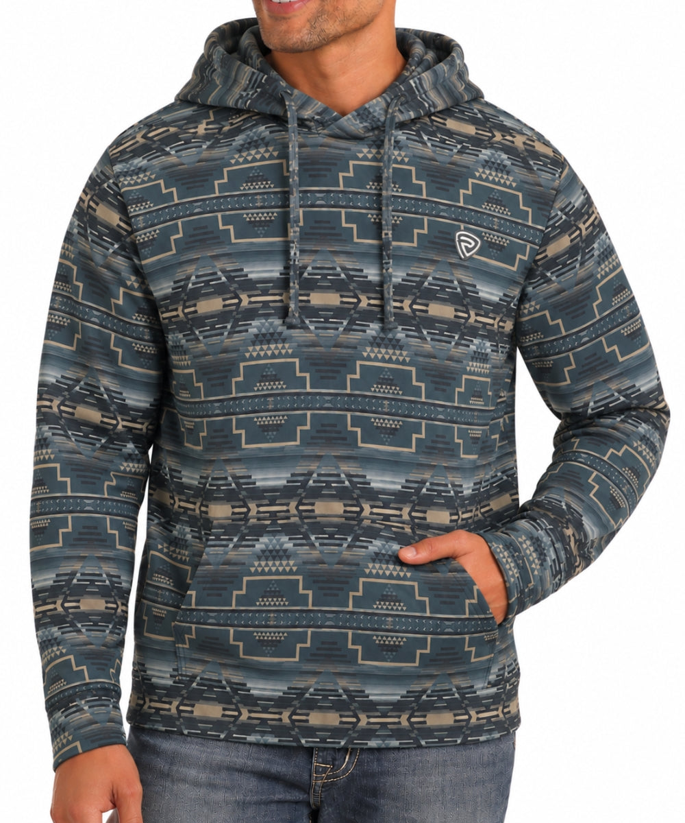 Rock & Roll Cowboy Men's Charcoal Aztec Hoodie front on white background