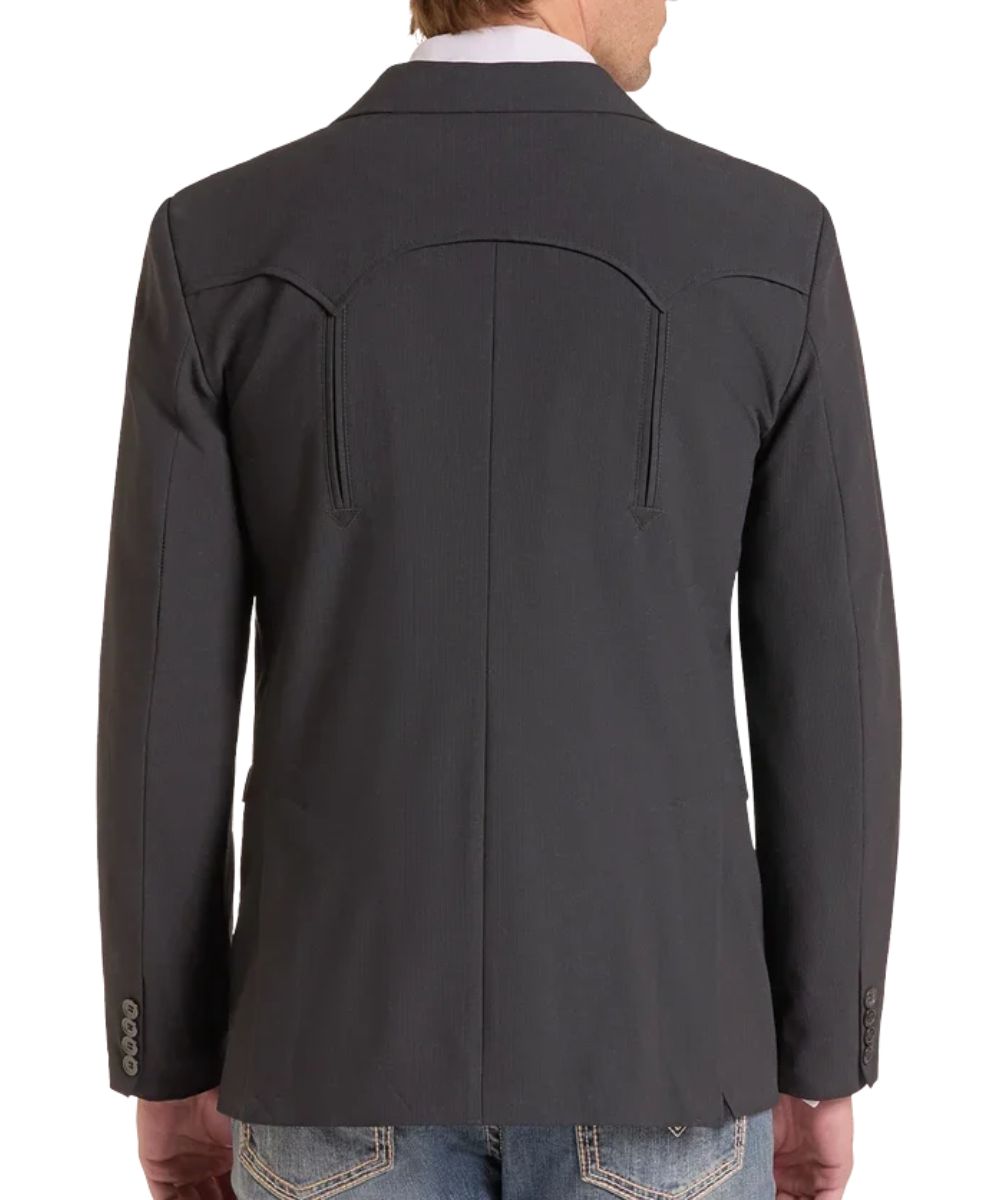 Back view of the men's black sport coat featuring the double pointed back yoke with double vents and the button cuffs