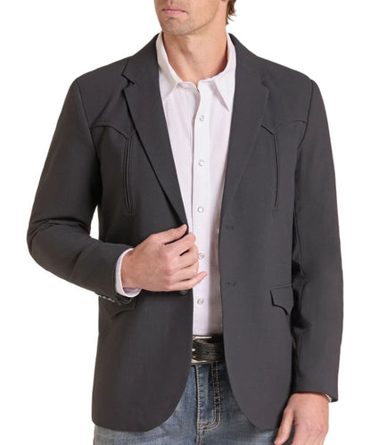 Front view of the men's black Rock & Roll Cowboy Western Sport Coat featuring the double button-front closure, western yokes, button cuffs, vertical faux smile chest pockets, and the flap hand pockets