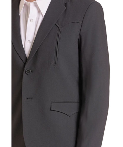 Close-up view of the men's black sport coat featuring the notched lapel collar