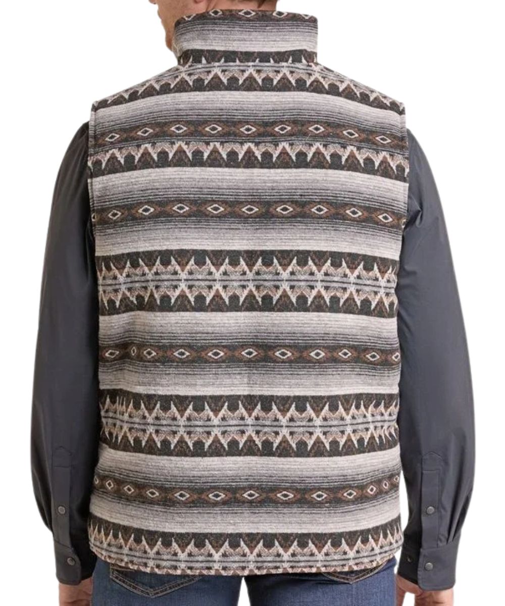 Back view of the men's grey aztec jacquard vest featuring the mock collar and aztec stripe pattern