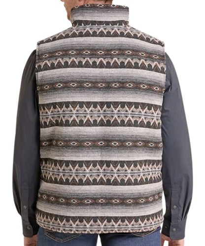 Back view of the men's grey aztec jacquard vest featuring the mock collar and aztec stripe pattern