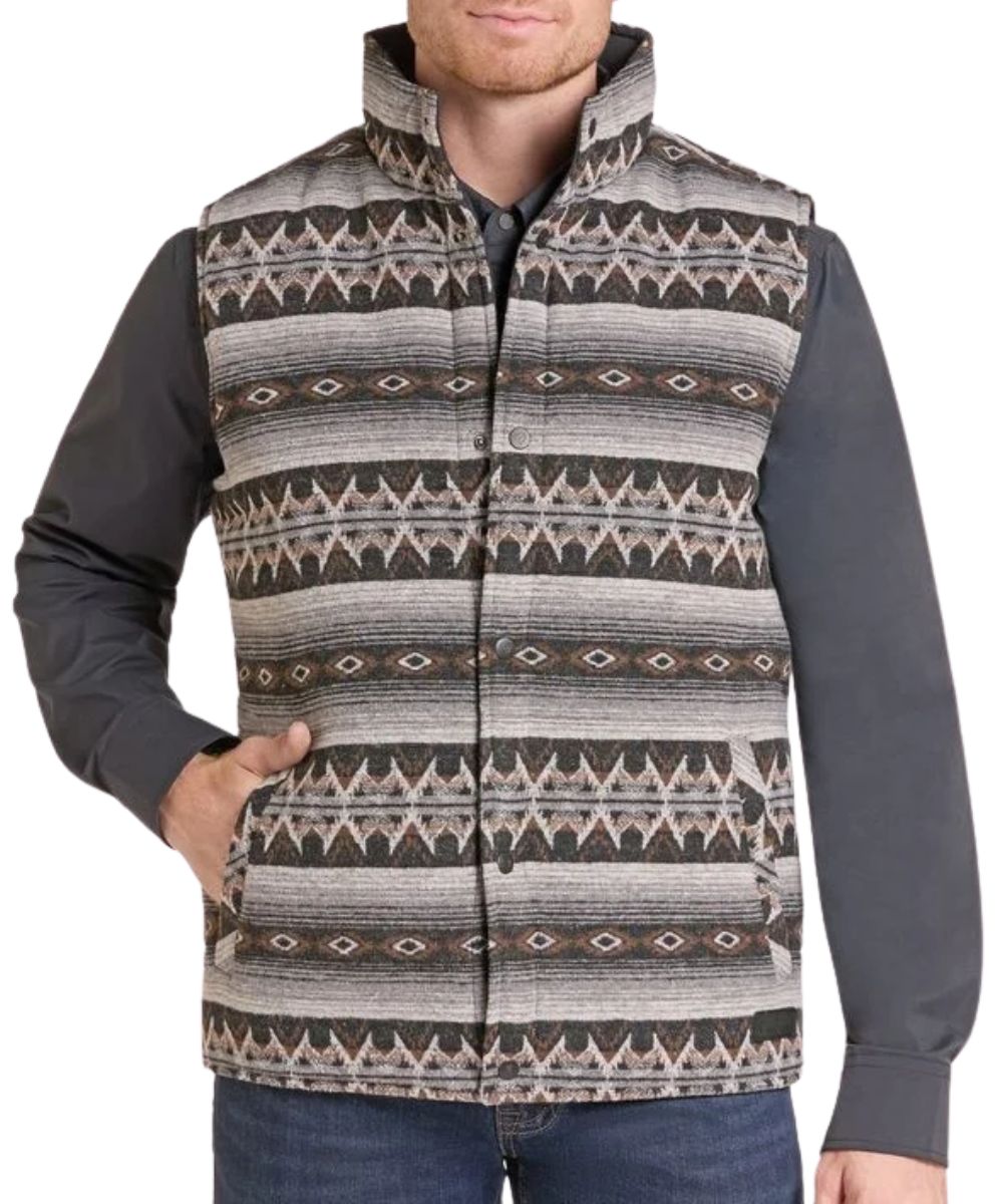 Front view of the men's grey aztec Rock & Roll Cowboy reversible vest featuring the mock collar, snap closure, and hand pockets