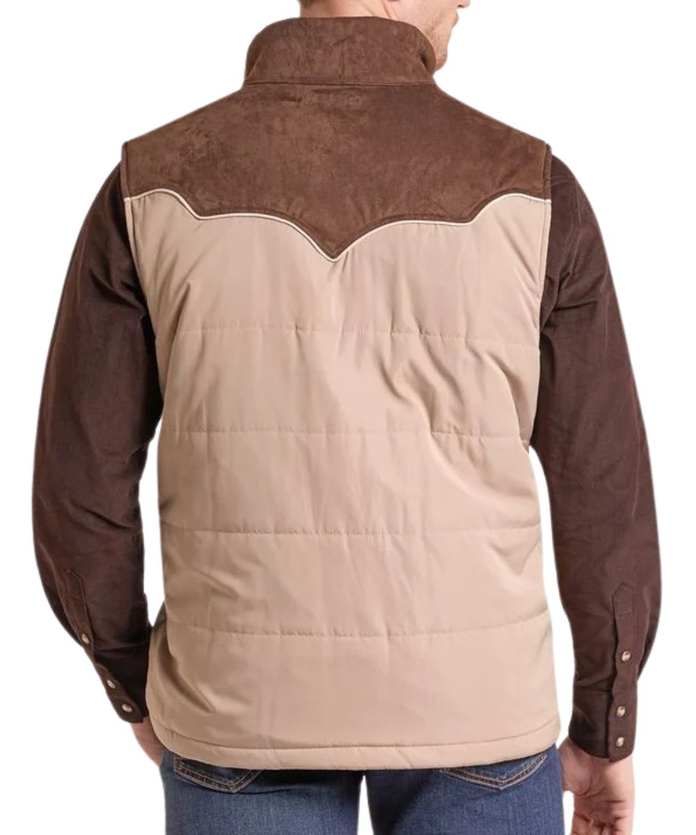 Back view of the men's tan and brown puffer vest featuring the mandarin collar, brown microsuede yokes with piping, and this vest is packable and water resistant
