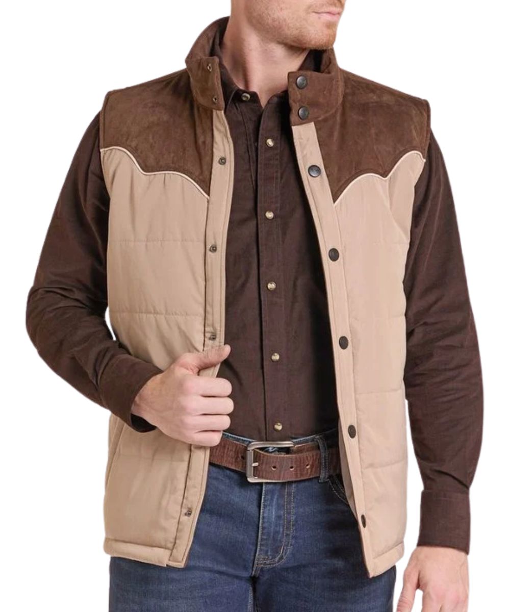 Front view of the men's tan Rock & Roll Cowboy western puffer vest featuring the snap front closure, hand pockets, and brown color blocked microsuede western yokes