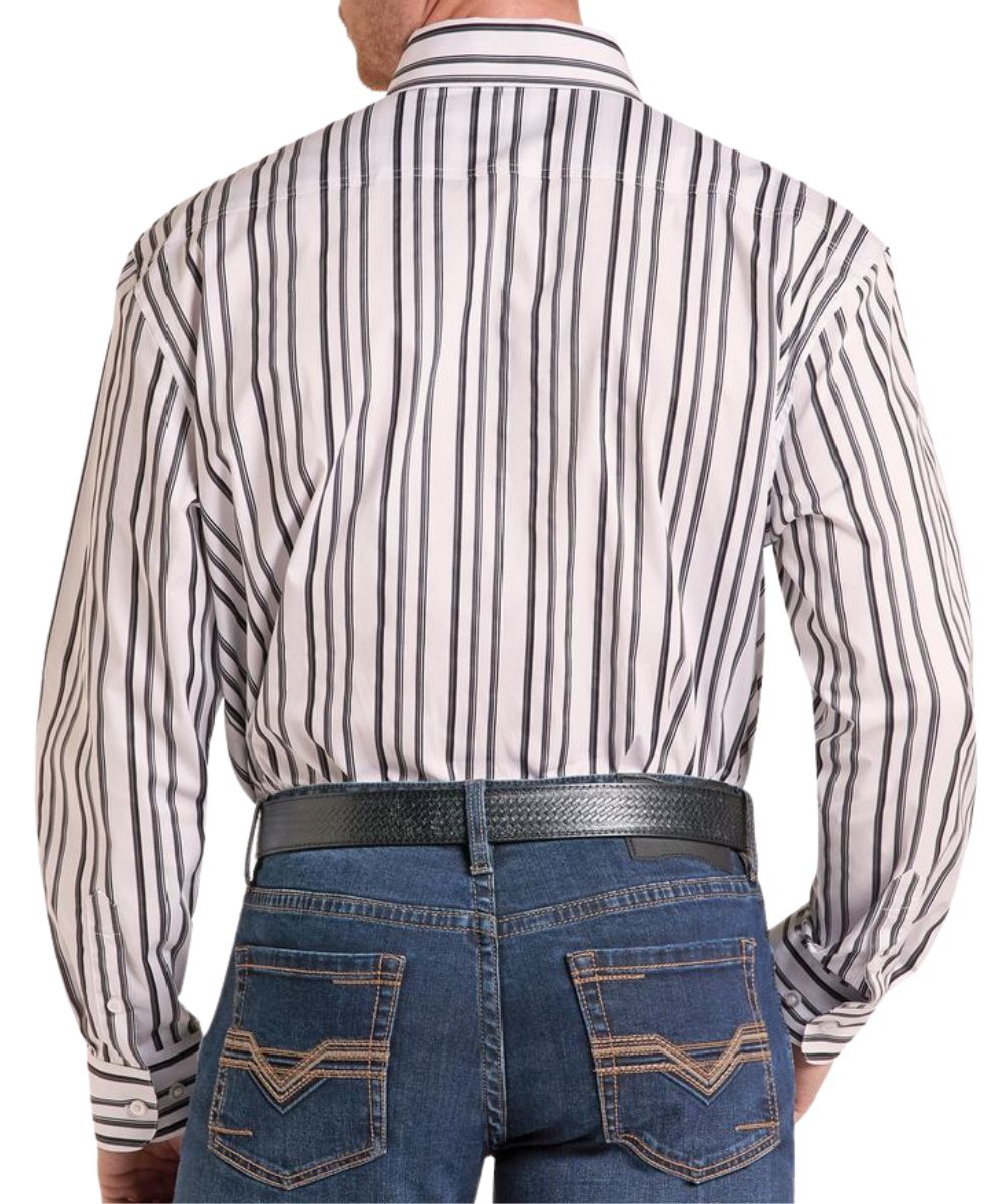 Back view of the men's grey classic fit long sleeve button down shirt featuring a straight back yoke