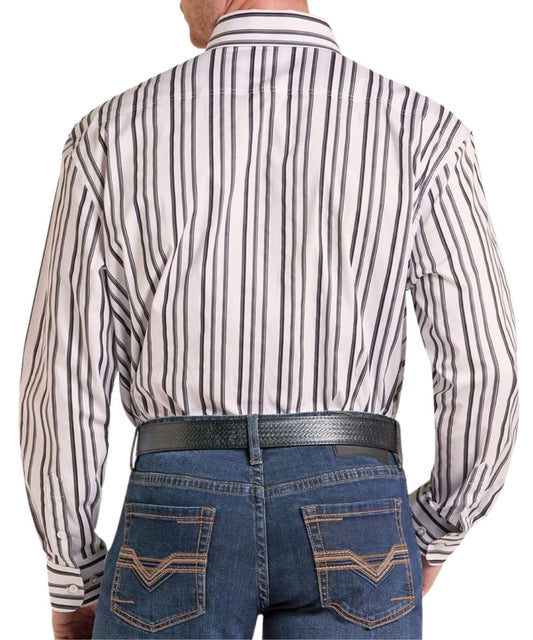 Back view of the men's grey classic fit long sleeve button down shirt featuring a straight back yoke