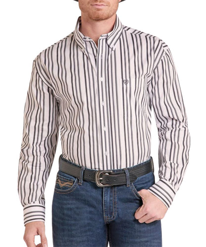 Front view of the men's classic fit long sleeve button down shirt featuring a grey striped print