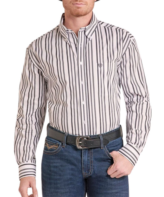 Front view of the men's classic fit long sleeve button down shirt featuring a grey striped print