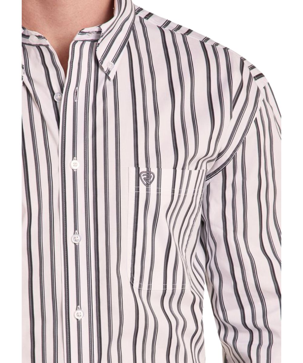 Close-up view of the grey striped print, single open chest pocket, and button down collar