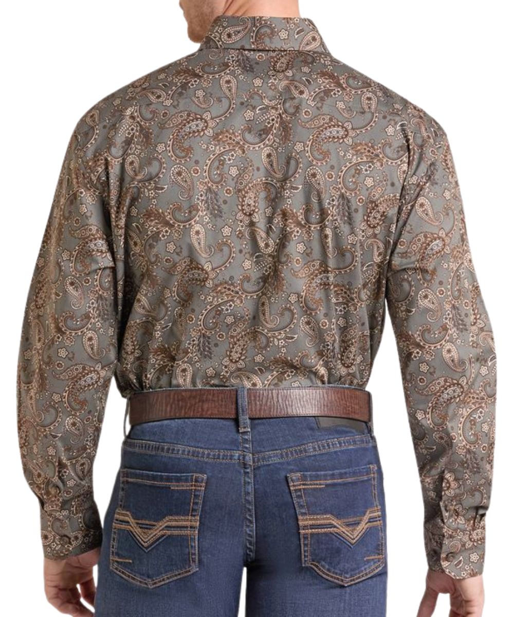 Back view of the men's dark brown long sleeve button down shirt featuring the straight back yoke and paisley print