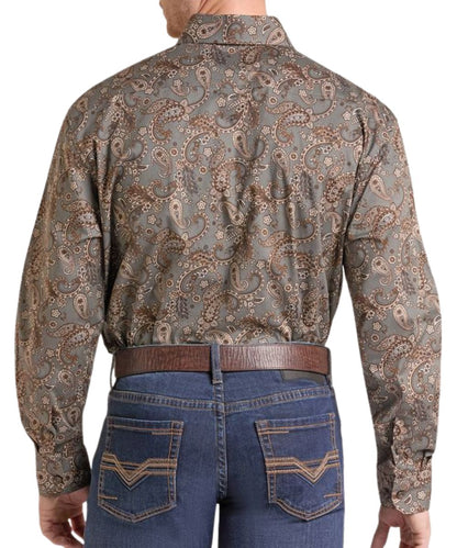 Back view of the men's dark brown long sleeve button down shirt featuring the straight back yoke and paisley print