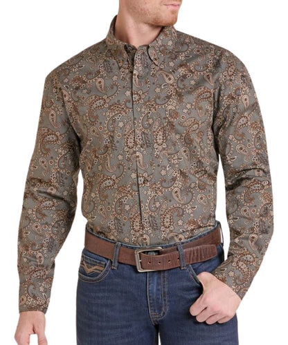Front view of the men's dark brown Rock & Roll Cowboy classic fit, long sleeve, button down shirt featuring the button down collar, single open chest pocket, and paisley print