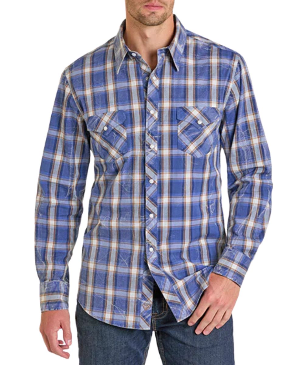 Men's Blue Plaid Long Sleeve Snap Shirt