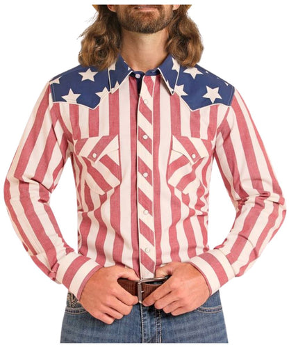 Men's Red And White Striped Long Sleeve Snap Shirt With Blue And White Star Printed Color Blocking