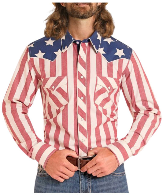 Men's Red And White Striped Long Sleeve Snap Shirt With Blue And White Star Printed Color Blocking