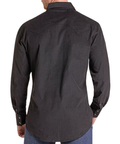 Back view of the men's black solid print corduroy snap shirt featuring the double pointed back yoke