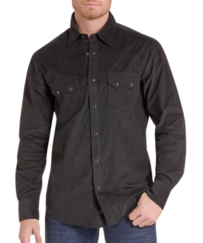 Front view of the men's Rock & Roll Cowboy long sleeve modern fit black corduroy snap shirt featuring the sawtooth snap flap chest pockets and western yokes