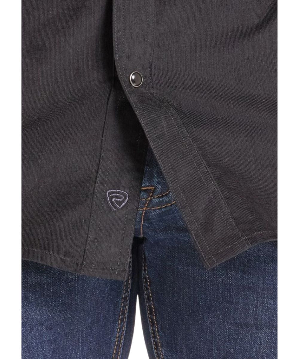 Close-up view of the men's black corduroy long sleeve snap shirt