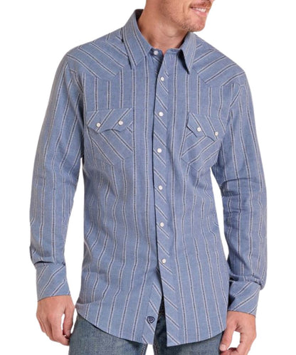 Front view of the men's blue Rock & Roll Cowboy striped long sleeve snap shirt featuring the modern fit, spread collar, western yokes, and sawtooth snap flap chest pockets